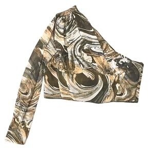 Zara Multicolor Marble Print Tulle One Shoulder Long Sleeve Crop Top